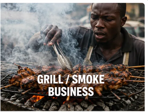 A suya seller working over an open charcoal grill in heavy smoke