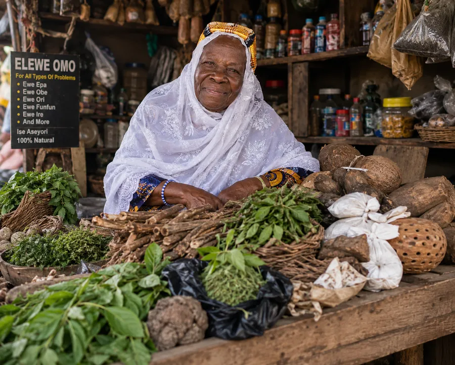 A traditional herb seller at her stall in a Nigerian market, surrounded by fresh leaves, roots and bark